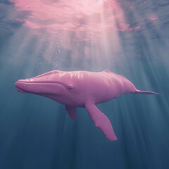 Wall Mural - Pink whale swims in the blue ocean underwater.