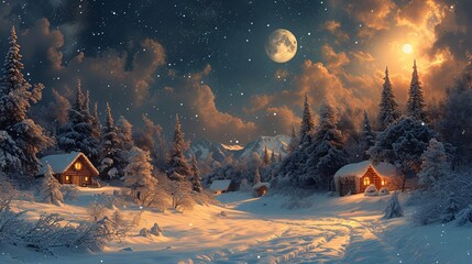 Winter Night Sky: A Lunar Nighttime Scene with Snow-Covered Trees and a Full Moon Generative AI