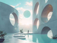Surreal Geometric Architecture In A Utopian Future Setting For A 3D Render Backdrop Background