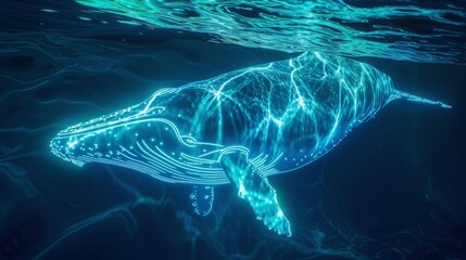 Wall Mural - Neon whale swimming in the ocean underwater.