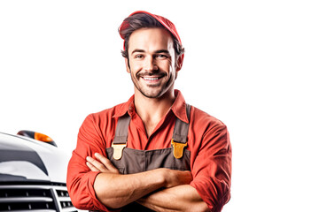 Wall Mural - Close up of male car mechanic smiling, successful service, white background isolate.