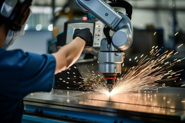 Wall Mural - worker monitoring cobot performing precision cutting