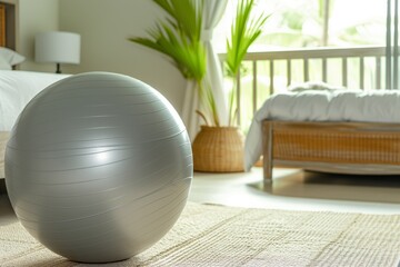 Poster - fitness ball used for leg lifts, serene bedroom environment