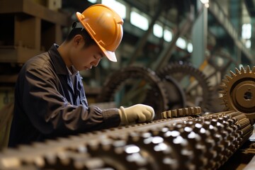 Poster - worker with a hard hat inspecting gears