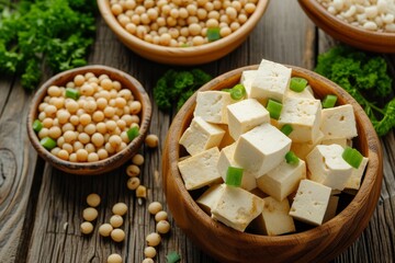 Wall Mural - Cubed tofu and soybeans in bowls on a wooden background