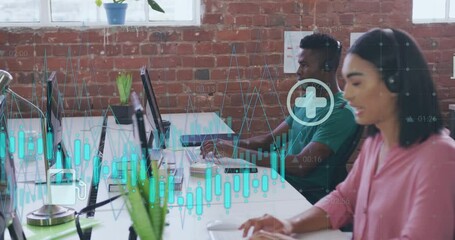 Poster - Animation of financial data processing over diverse business people in office