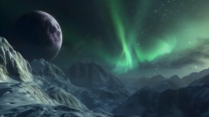 Wall Mural - A Universe Of many Beautiful Planets, Fantasy landscape with planet and moon, aurora borealis in the mountains