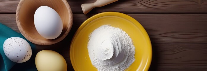 Baking ingredients flour, eggs, rolling pin, butter and kitchen textiles. on white background