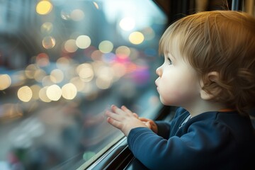 Poster - child looking out a tram window with city blur outside