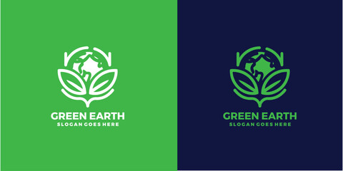 Wall Mural - green earth logo design with tree leaf globe vector icon design template.