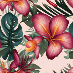  Tropical floral background. Seamless Pattern with exotic flowers and tropical plants.
