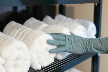 Wall Mural - gloved hand arranging fresh towels on a hotel room rack