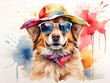 The image could be named Happy dog wearing sunglasses and hat, surrounded by snow, looking cute