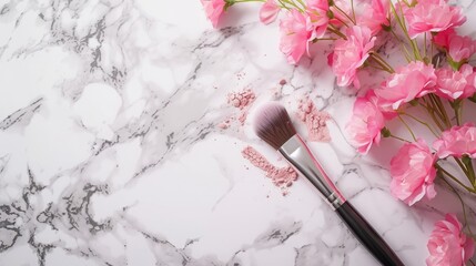 makeup brush on marble background.