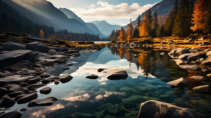 Wall Mural - A secluded turquoise blue lake nestled in a valley, surrounded by towering mountains with rugged cliffs. The untouched beauty of the landscape evokes a sense of wonder