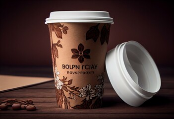 Wall Mural - Brown take away coffee paper cup mock up with white lid on wooden background. Generative AI
