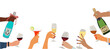 Festive border, background with different multiracial hands holding glasses with drinks, champagne bottle, sparkling wine, cocktail. Vector design for banner, card, invitation.