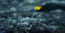 Yellow Flower On A Rock In The Middle Of The Stream. 3d Rendering, Young Green Plant In The Morning Light With Bokeh Background.Green Seedling Growing From Soil On Blurred Nature Background.