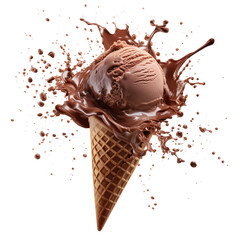 Chocolate Ice cream in the waffle cone with splash isolated on white background