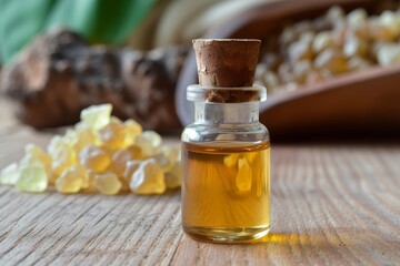 Poster - Frankincense essential oil bottle with resin crystals on wooden table