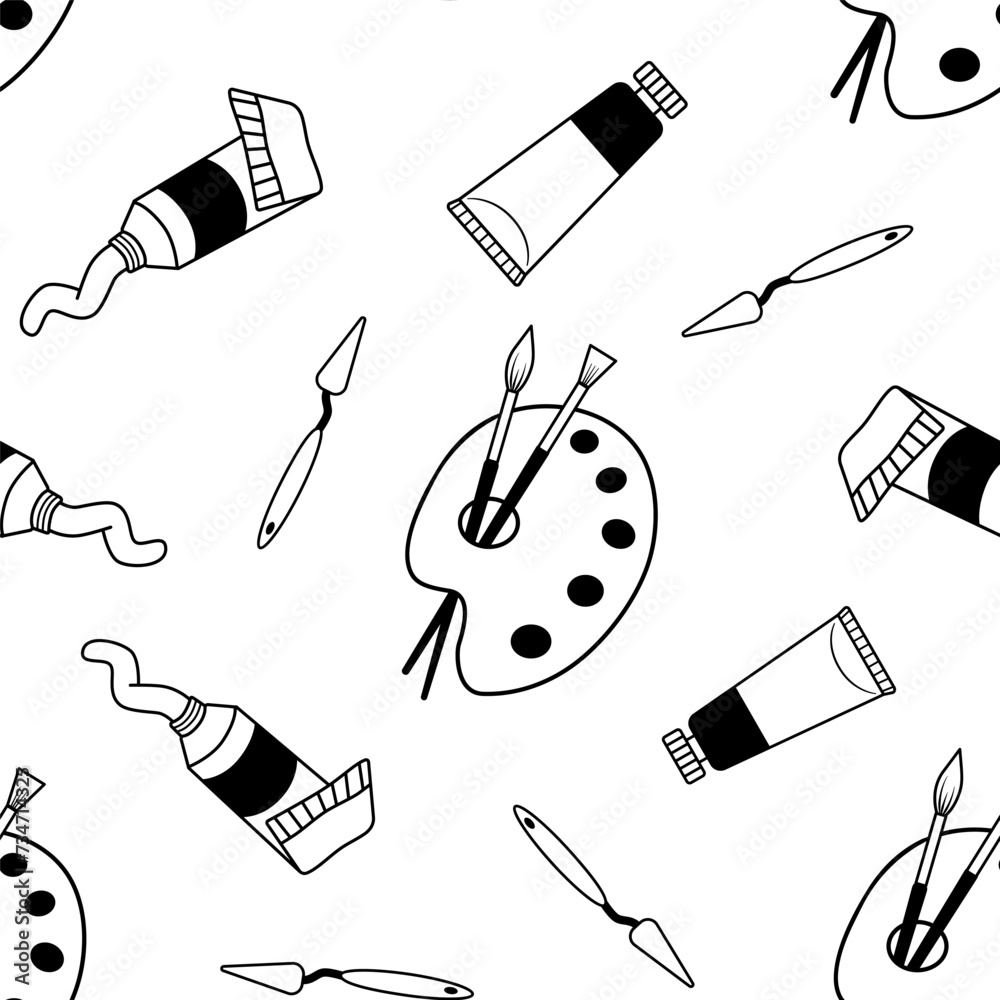 Artist Tools Pattern Seamless vector monochrome pattern with artist palette knife, paints ...