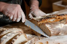 baker slicing bread with a serrated knife