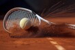 ball with trailing clay dust, racket following through swing