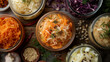 Fermented foods showcase. Sauerkraut and kimchi meals.