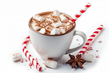 Wall Mural - Delicious hot cocoa with marshmallows and candy cane on white background