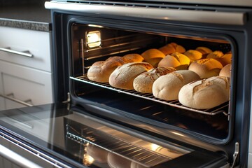 Poster - electric oven with a variety of fresh bread loaves inside