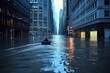 person in a boat navigating submerged city streets