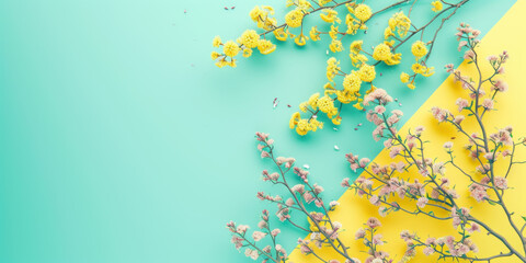 Wall Mural - Top view spring flowers on blue background, Flat lay minimal