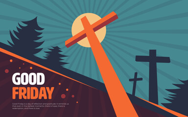 Good Friday background, it is finished retro style text banner with Cross, crucifix on hill, vector design illustration