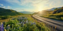 A Highway Surrounded By Wildflowers And Rolling Green Hills, With The Sun Rising In A Clear Blue Sky