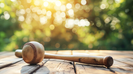 Sticker - Vintage Baseball Bat and Ball on Wooden Background, Old baseball bat and ball with sun flare in nature.