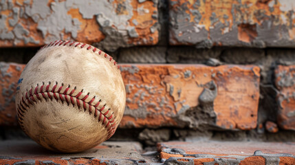 Sticker - Vintage Baseball on Red Brick Background, A worn baseball rests against a vibrant red brick wall, evoking nostalgia sports themes.