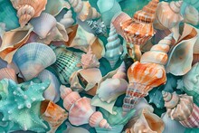 Assorted Colorful Seashells And Starfish On Pastel Background Marine Summer Concept