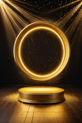 Poster - Abstract empty golden award platform with neon glowing round frame and rays, glitter confetti sparkle rain falling from above