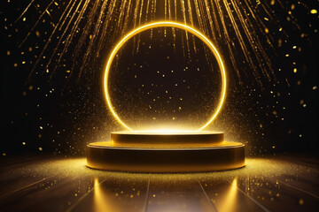 Poster - Abstract empty golden award platform with neon glowing round frame and rays, glitter confetti sparkle rain falling from above