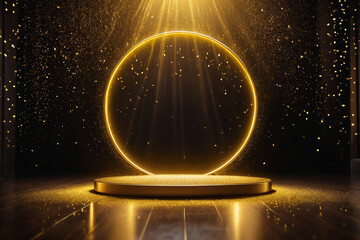 Poster - Abstract empty golden award platform with neon glowing round frame and rays, glitter confetti sparkle rain falling from above
