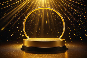 Poster - Abstract empty golden award platform with neon glowing round frame and rays, glitter confetti sparkle rain falling from above