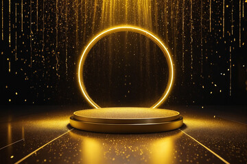 Poster - Abstract empty golden award platform with neon glowing round frame and rays, glitter confetti sparkle rain falling from above