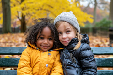 Wall Mural - Two little girls are sitting on bench in park. This image can be used to depict friendship, leisure time, or childhood activities