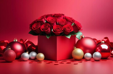Wall Mural - Bouquet of roses and Christmas balls on a red background. Generative AI