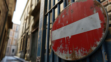 Red and white sign attached to metal fence. Suitable for indicating warnings or information in various settings