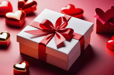 Wall Mural - A blue gift box with a bow and hearts. Generative AI