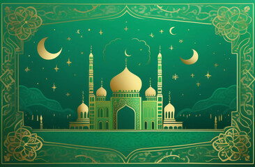 Golden outline of an Arab mosque on a green background. Illustration. Generative AI