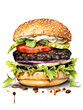 Watercolor illustration of a vegan black bean patty burger with fresh tomato, lettuce and onions on white background 