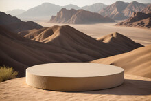 Empty Round Stone Podium And Pedestal Stand Platform For Display Product In Desert With Rock Mountain