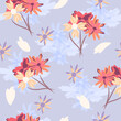 Hand-drawn seamless pattern with floral print. Abstract colorful daisies on blue background. Vector pattern for printing on fabric, gift wrapping, covers, wallpapers.